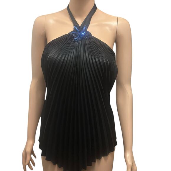 Vintage Cache Evening Y2K Halter Top Black Pleated w/ Sparkle Starfish Size M - Picture 2 of 7